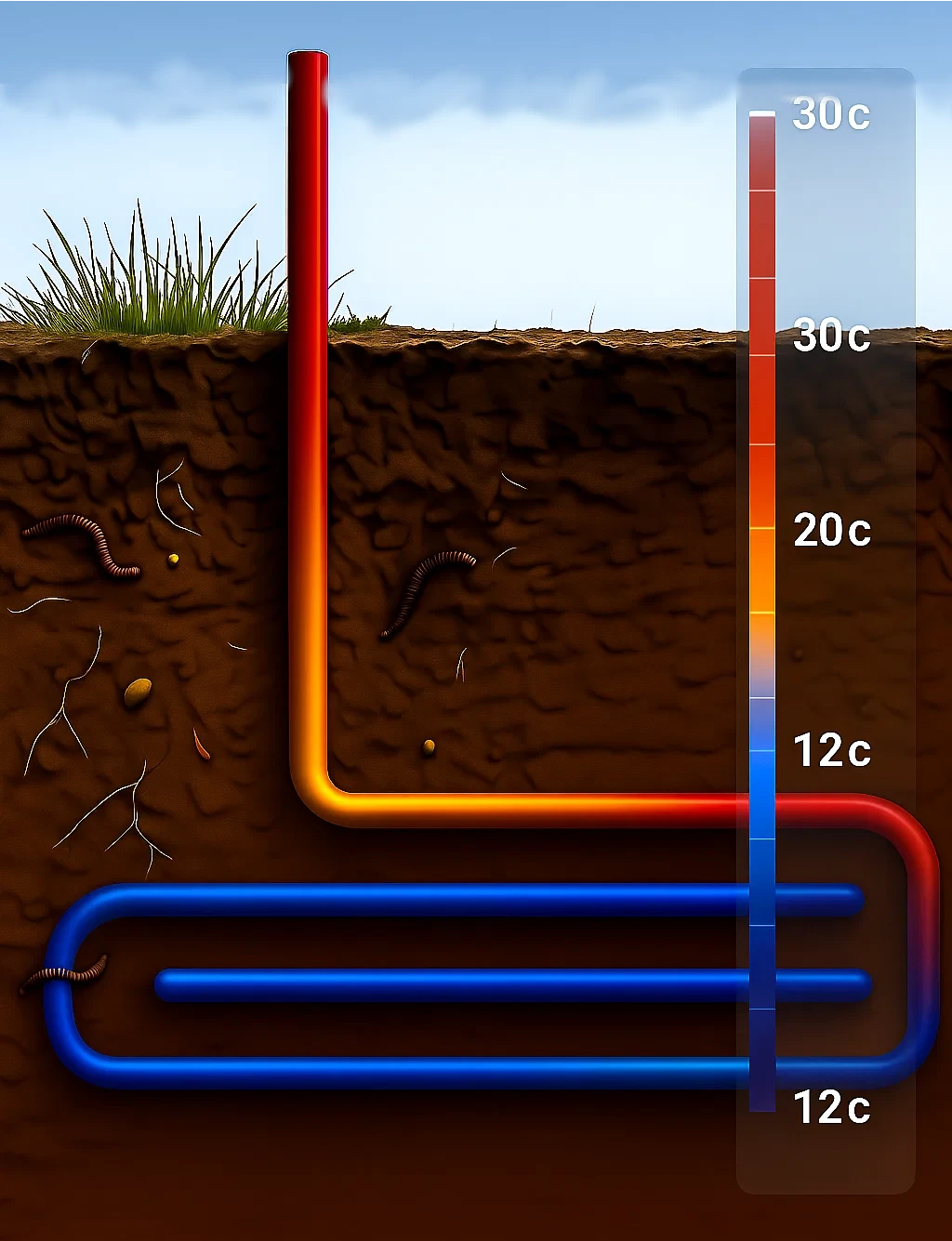 An info graphic showing pipes going into the ground and temperature changing from air temperature of 30 degrees to 12 degrees.