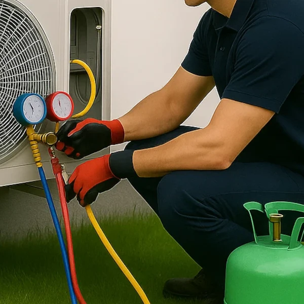Technician extracting gas from heat pump outdoor unit