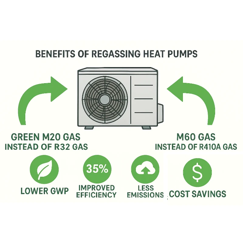 Technician extracting gas from heat pump outdoor unit